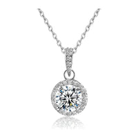Round Halo Pendant Necklace โ 1 carat cubic zirconia center stone, pave CZ halo, 316L stainless steel, rhodium plated, white background