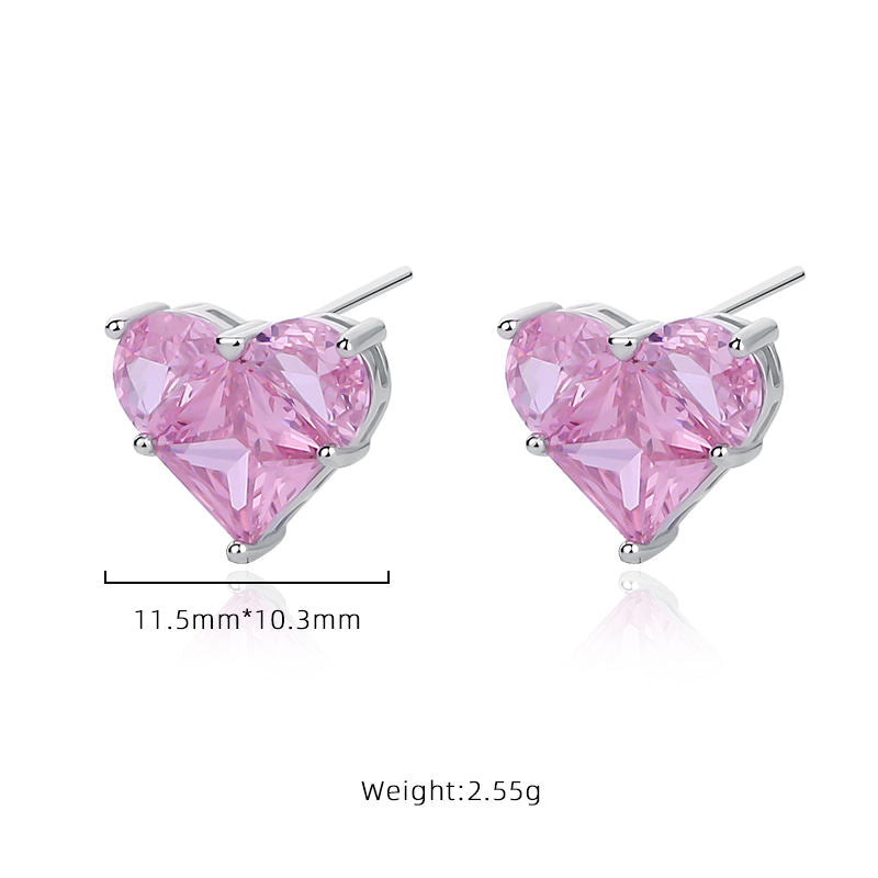 White Gold Pink Heart Earrings