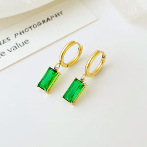 Green CZ Dangle Earrings for Women — 18K Gold Plated, Cubic Zirconia Drop Hoops