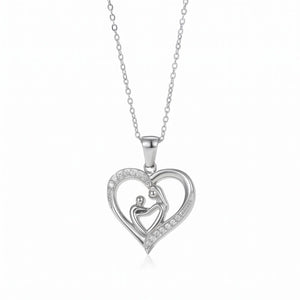 Mom Heart Necklace in silver-tone stainless steel, mother and child heart pendant with CZ pave stones, white background