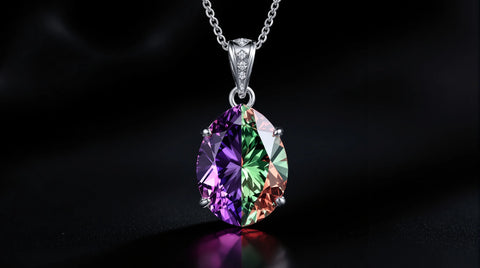 Alexandrite gemstone pendant necklace showing color change from green to purple-red, sterling silver