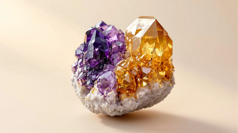 Ametrine bi-color crystal showing natural split between purple amethyst and gold citrine zones