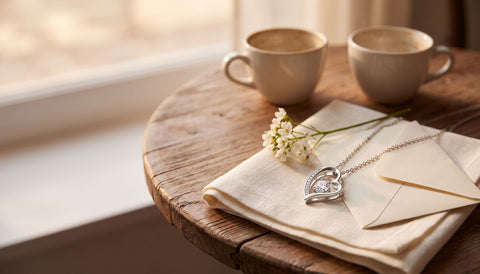 Silver-tone open heart pendant necklace with a clear stone on a folded linen napkin beside a small white flower and a closed envelope on a cafe table
