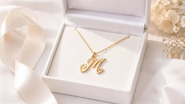 Gold heart initial necklace in a white gift box with ribbon — anniversary jewelry gift for her