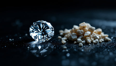 Dramatic macro photograph of a single loose faceted diamond resting on a dark reflective surface next to a small pile of raw uncut mineral rock fragments