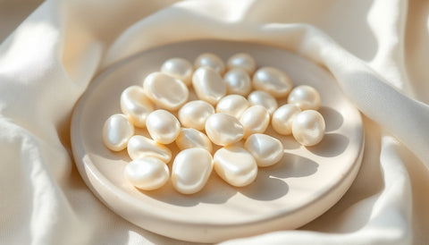 A handful of loose irregular white baroque pearls in teardrop, oval and potato shapes on a pale ceramic dish over soft white linen