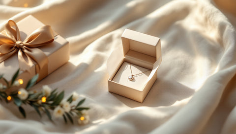 Silver pendant necklace displayed in an open gift box beside a wrapped present
