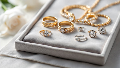 Elegant jewelry displayed on a velvet tray, representing the affordable luxury jewelry category