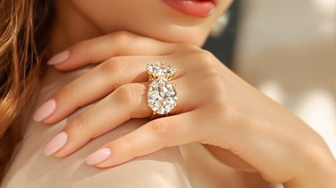 Woman's right hand wearing a bold oversized cocktail statement ring with a large cubic zirconia center stone