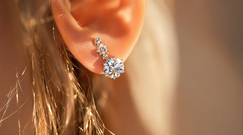 Woman wearing sparkling cubic zirconia crystal stud earrings, close-up on the ear