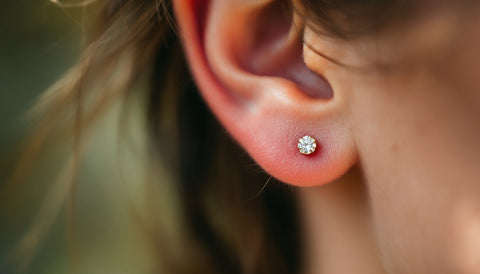 Close-up of a newly pierced earlobe with a flat-back stud earring
