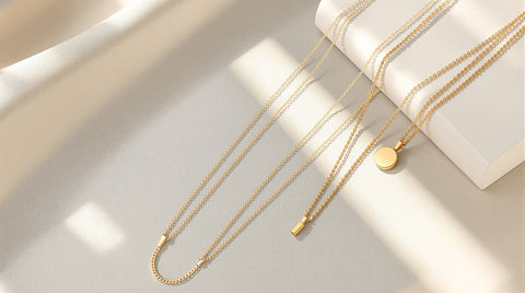 Three gold plated necklaces in snake, cable, and pendant chain styles arranged on a neutral surface