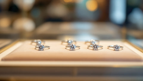 Engagement rings displayed on a velvet tray inside a jewelry store glass case