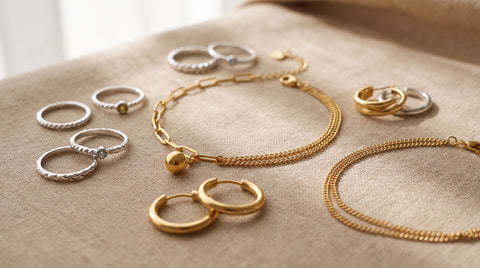 Flat lay of nickel-free sterling silver and gold jewelry pieces on a neutral fabric background