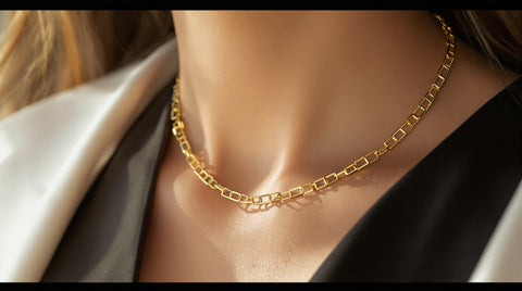 Woman wearing a delicate gold paperclip chain necklace with elongated links at the collarbone