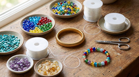 Spools of elastic stretch cord and beads laid out for bracelet making