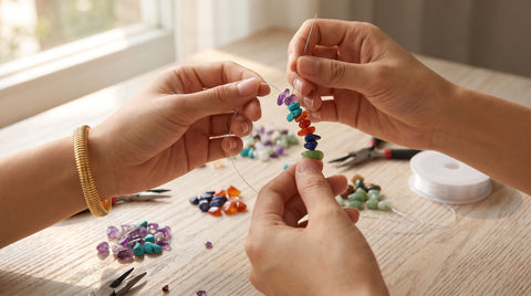 Hands stringing gemstone beads onto stretchy elastic cord to make a bracelet