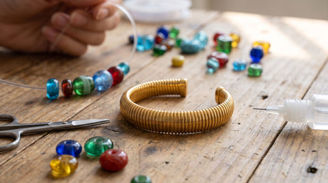 Beads being strung onto stretchy elastic cord for a DIY bracelet