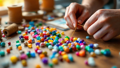 Hands stringing beads onto elastic cord to make a bracelet
