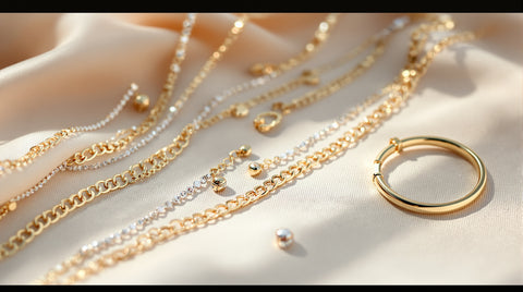 Assortment of bright tarnish-free gold and silver jewelry arranged on neutral linen
