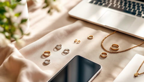 Sterling silver and gold-plated jewelry pieces laid out next to a laptop and phone, representing shopping for jewelry online