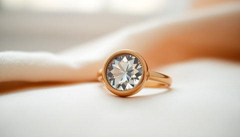 A smooth gold-toned ring with a round clear stone held in a metal rim on a soft neutral linen surface