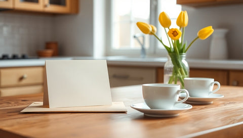A blank cream folded card standing on a wooden kitchen table beside an envelope, a glass jar of yellow tulips and two white teacups on saucers