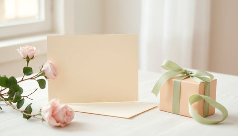 A blank cream greeting card beside a sealed envelope, soft pink spray roses and a small gift box tied with sage green ribbon on a white linen table
