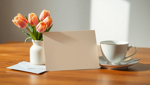 A blank cream card leaning against a white vase of peach tulips beside an envelope and a white teacup on a wooden table