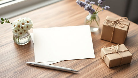 A blank ivory card and envelope on a wooden table with a pen, a small vase of white and lavender flowers and two small kraft paper gift boxes tied with twine