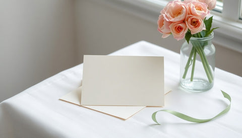 A blank cream greeting card on a sealed envelope on a white linen table beside a glass jar of peach roses and a thin sage green ribbon