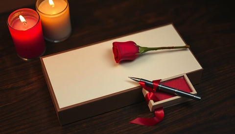 A blank ivory card with a single red rose, a small ribboned gift box and a pen on dark wood beside two lit candles