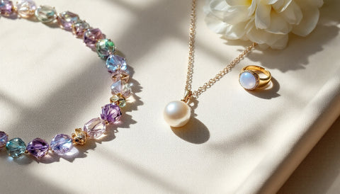 Pearl, alexandrite, and moonstone jewelry representing the three birthstones for June