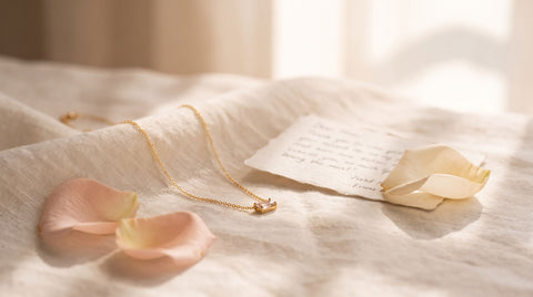 Birthstone charm necklace styled as a gift for a daughter, laid on soft fabric with a handwritten note