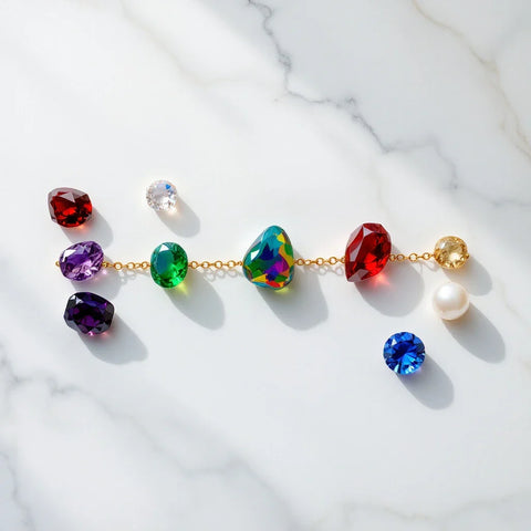 Birthstones by month — all 12 gemstones arranged in a flat-lay on white marble
