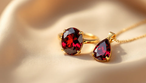 Deep red garnet ring and pendant, the birthstone for January, on a soft neutral background