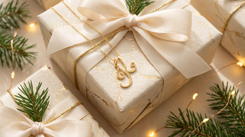Gold heart initial pendant necklace styled on wrapped holiday gift boxes