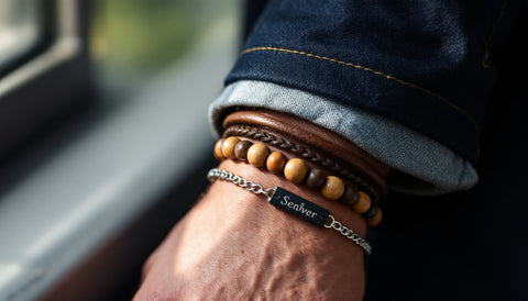 Man's wrist wearing a stacked chain, beaded, and leather bracelet combination