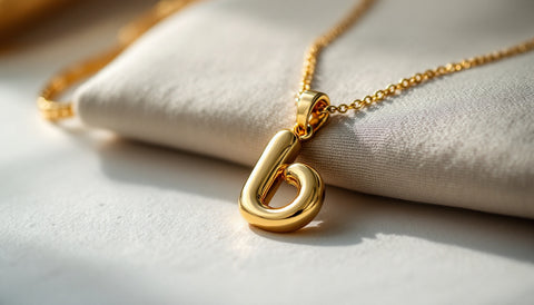 Close-up of a gold bubble letter pendant necklace with a rounded 3D letterform