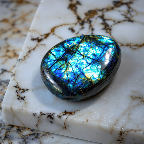 Labradorite stone showing vivid blue-green iridescent labradorescence flash on white marble