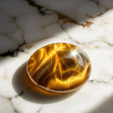 Golden brown tiger's eye gemstone showing characteristic chatoyancy cat's eye effect on white marble