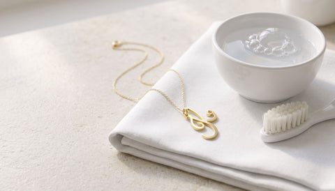 Gold script initial pendant necklace on a folded white cloth beside a small white bowl of soapy water and a soft white toothbrush on a pale stone counter