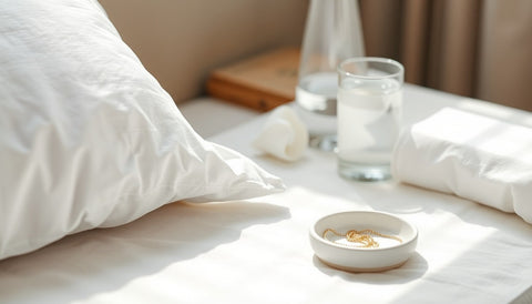A fine gold chain coiled in a small white ceramic dish on a bedside table beside a pillow and a glass of water in soft morning light