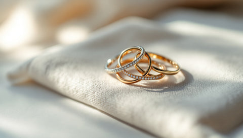 Close-up of three thin interlocking rings in gold, rose gold, and silver tones