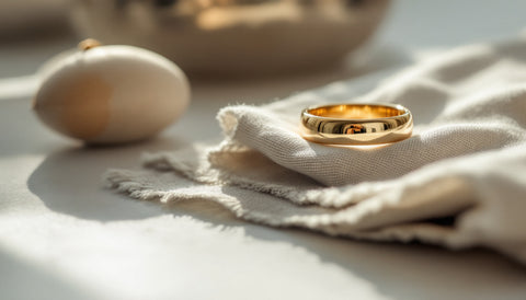 Close-up of a polished minimalist gold ring with a plain smooth band