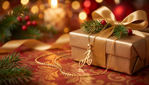 Gold heart initial pendant necklace wrapped as a Christmas gift for mom beside a gold ribbon gift box and pine sprigs