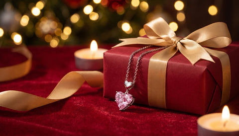Pink heart pendant necklace wrapped as a Christmas gift for a wife beside a red ribbon gift box and candles