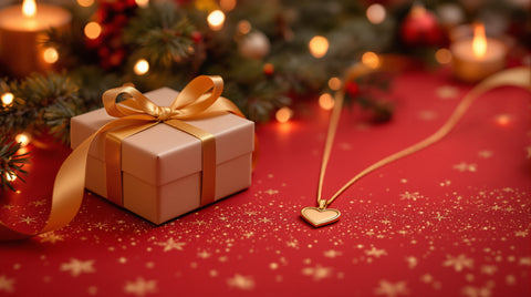 Elegant Christmas jewelry gift flatlay with a wrapped gold ribbon gift box, gold heart pendant necklace, and pine sprigs on a festive red and gold surface