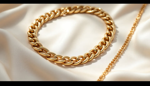 Flat lay of a bold chunky gold chain necklace next to two thin delicate gold chains, showing scale contrast