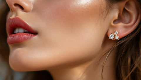 Close-up of a woman wearing an elegant gold-tone clip-on earring on an unpierced ear